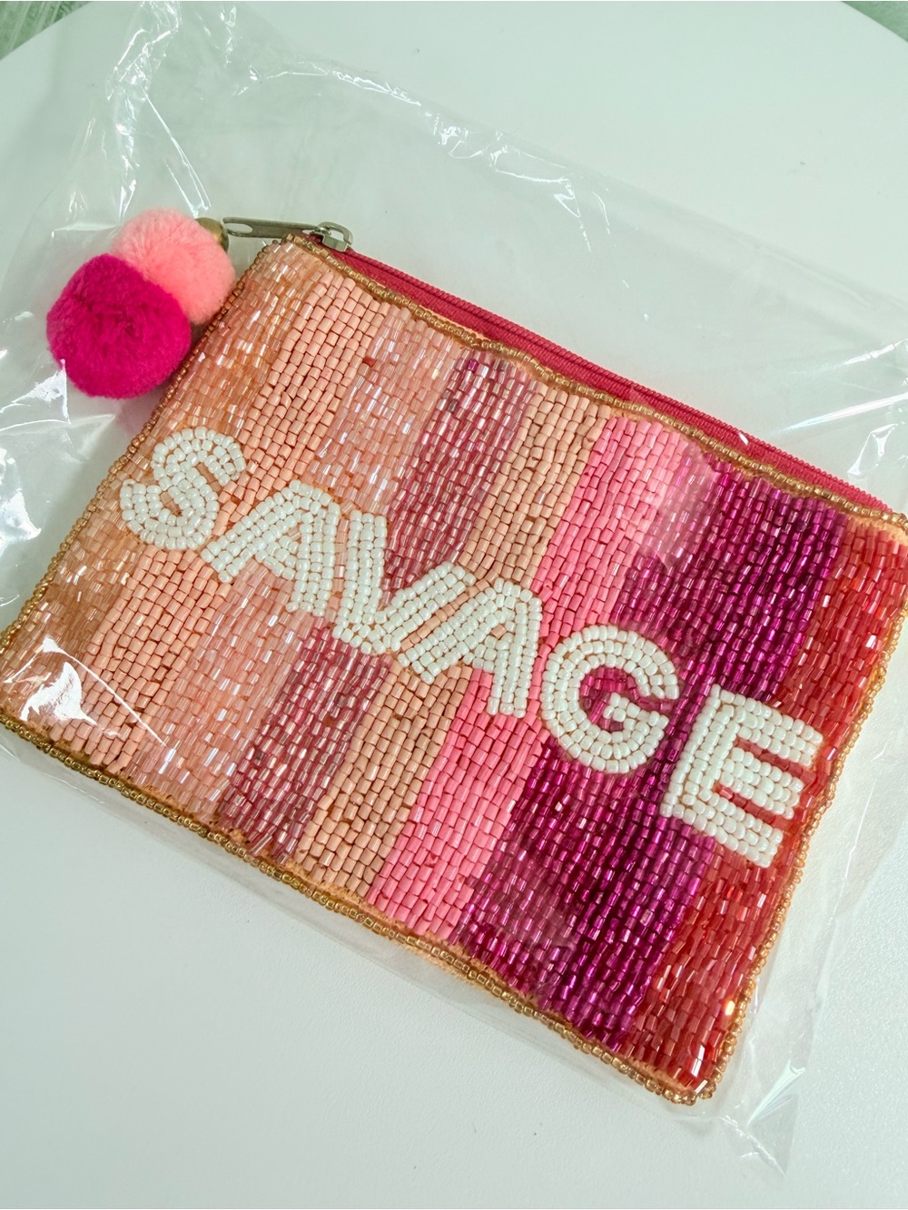 Savage Beaded Stripe Clutch Top Zip Pouch - Rose Gold & Pink  — NWT - Picture 2 of 3